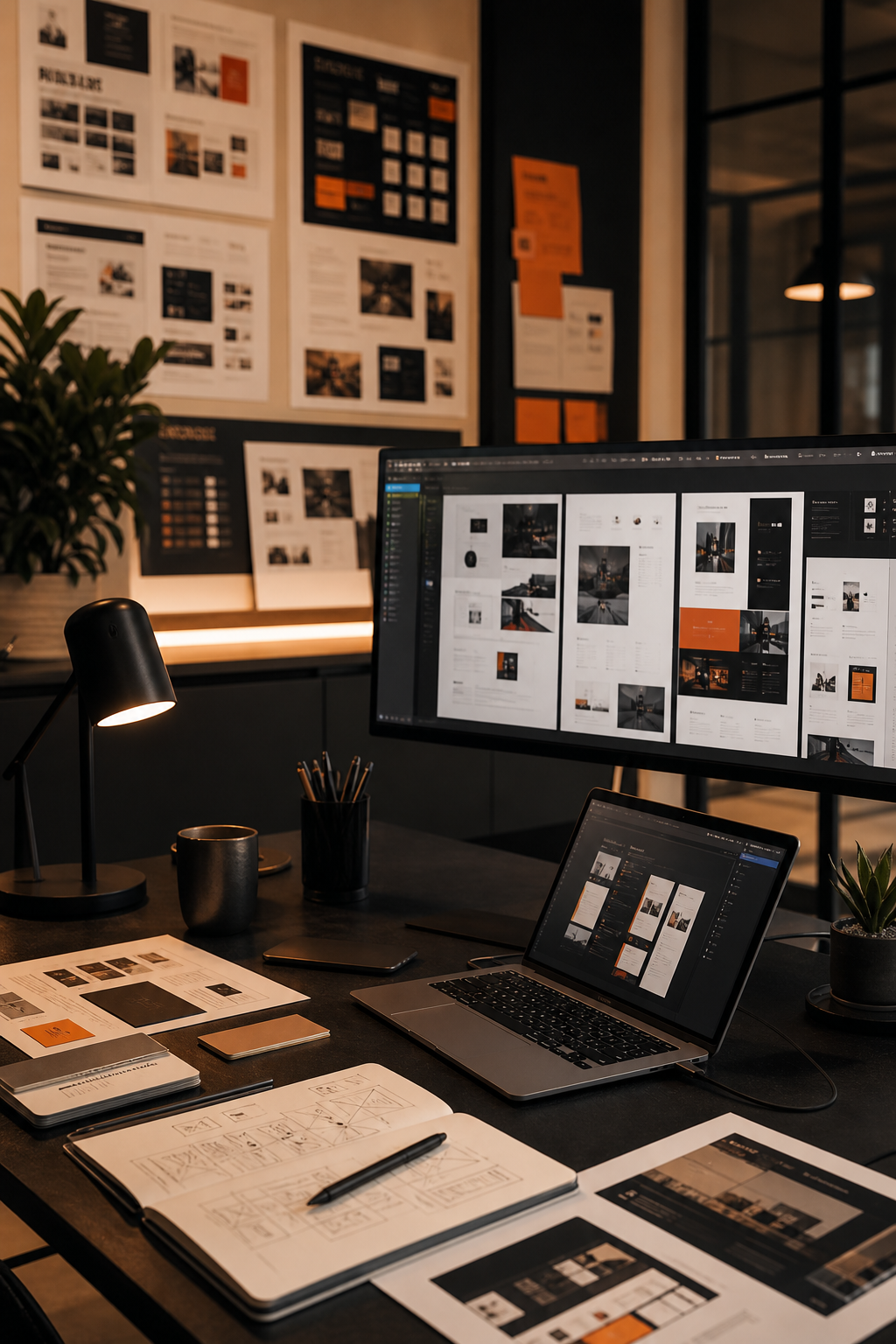 Creative digital workspace with interface planning and brand systems