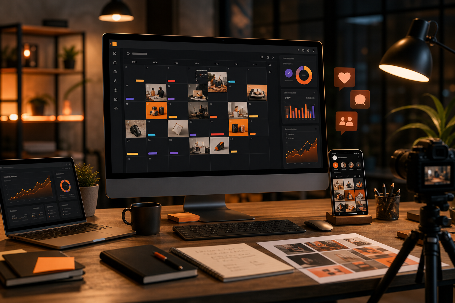 Social media campaign workspace showing content planning, analytics, and creative production