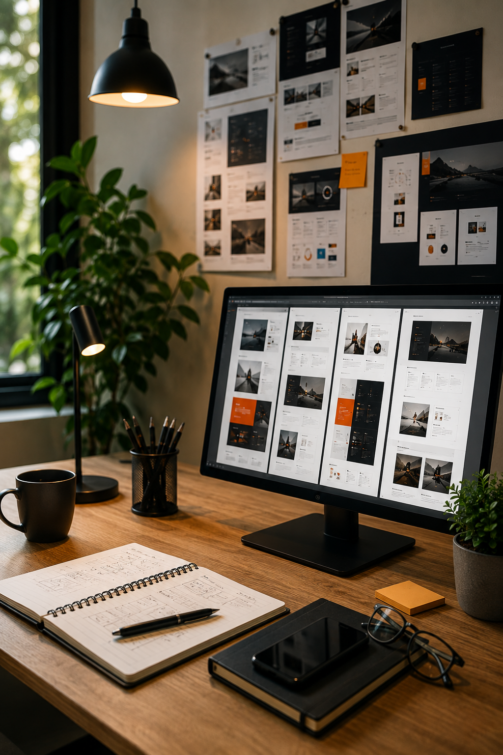 Creative digital workspace with interface planning and brand systems